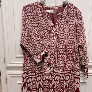 Umgee lined flowing dress or Tunic. Size M Batik design.Maroon and cream colored
